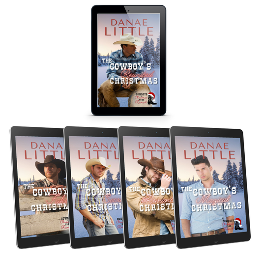 Multiple tablets showing the five covers of Danae Little's Cowboys at Christmas Tree Ranch books