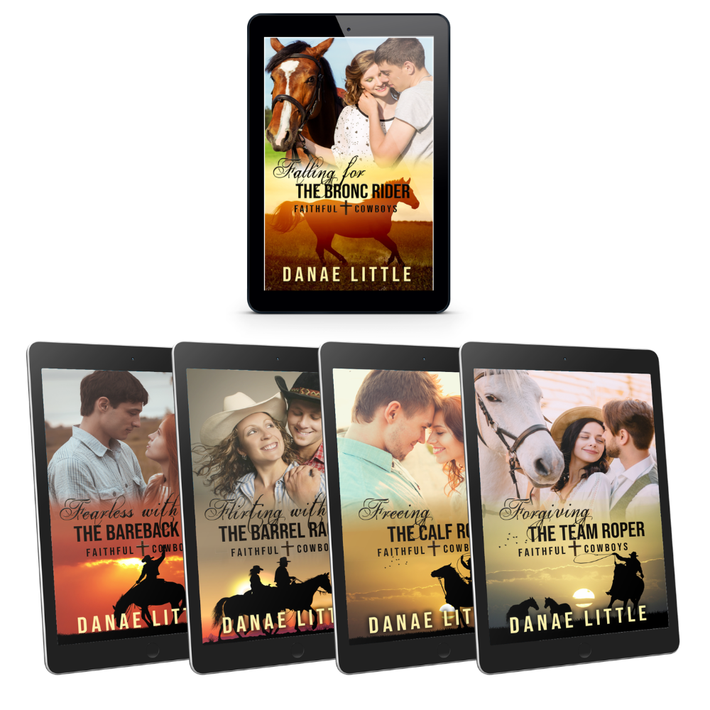 Five tablet screens showing the various covers of the Faithful Cowboys book series by Danae Little